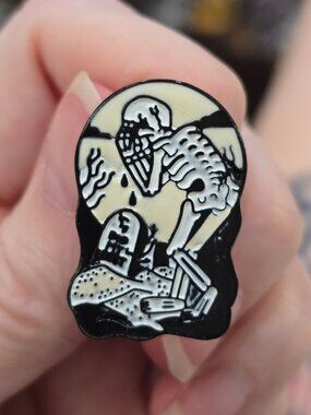 Skeleton ✦ Graveyard Enamel Pin ✦ Black White Moon Gothic Scene Glow Accent Art